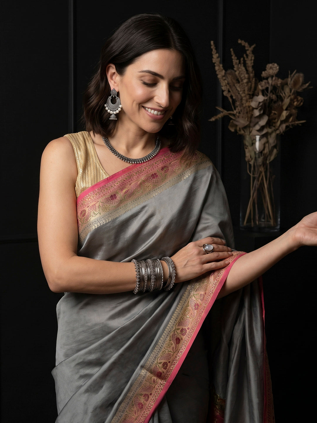 Grey Art Silk Woven Saree