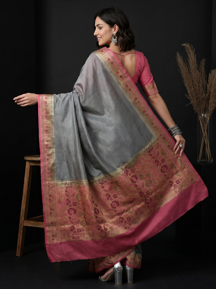 Grey Art Silk Woven Saree