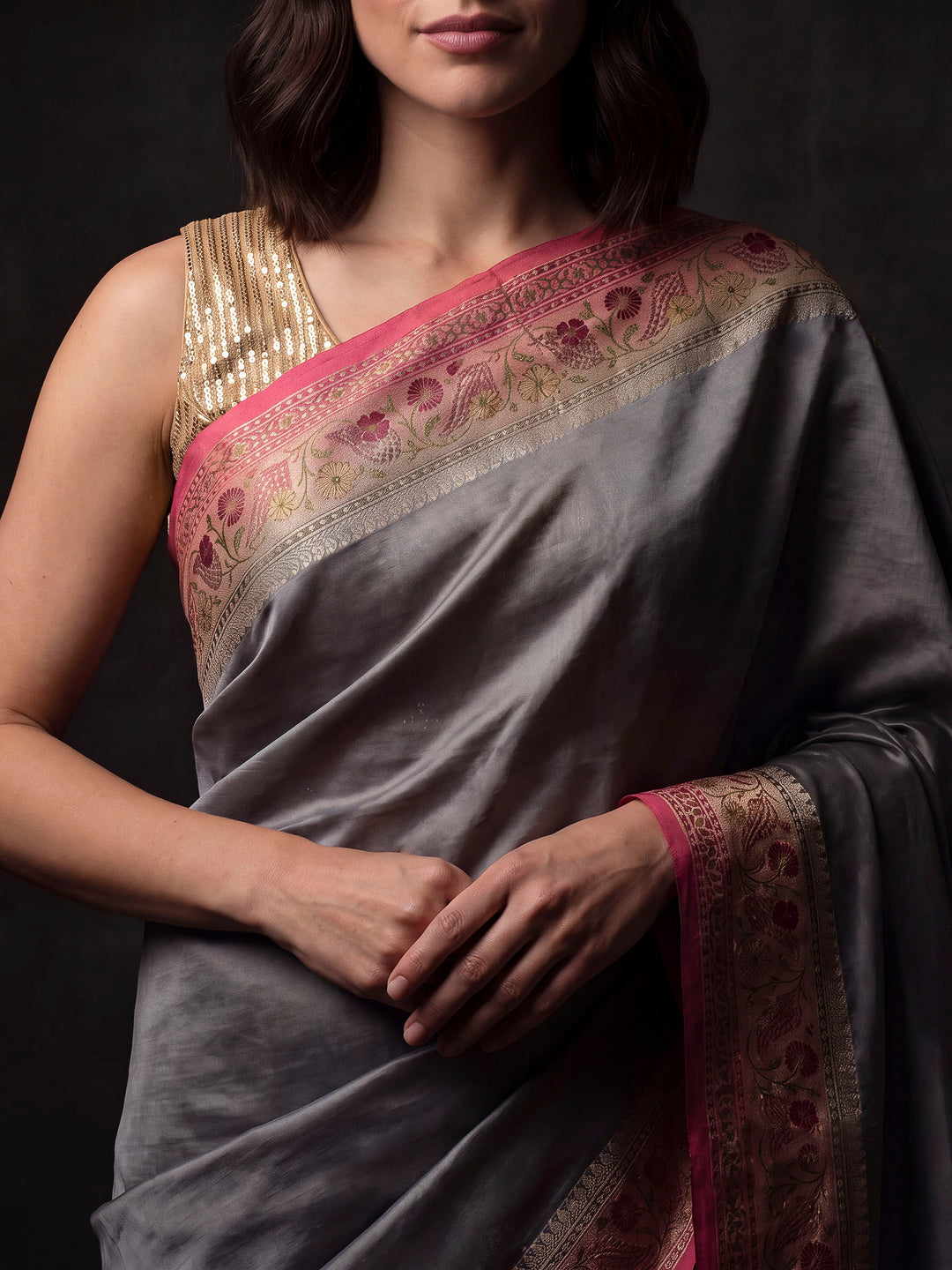 Grey Art Silk Woven Saree