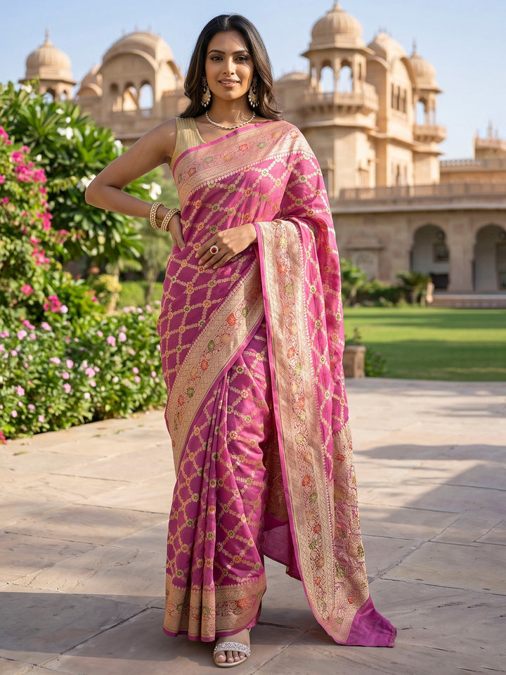 Pink Chiffon Woven Saree