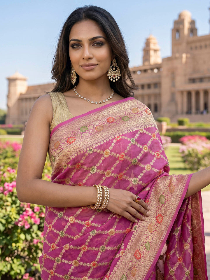 Pink Chiffon Woven Saree