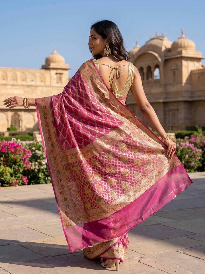 Pink Chiffon Woven Saree