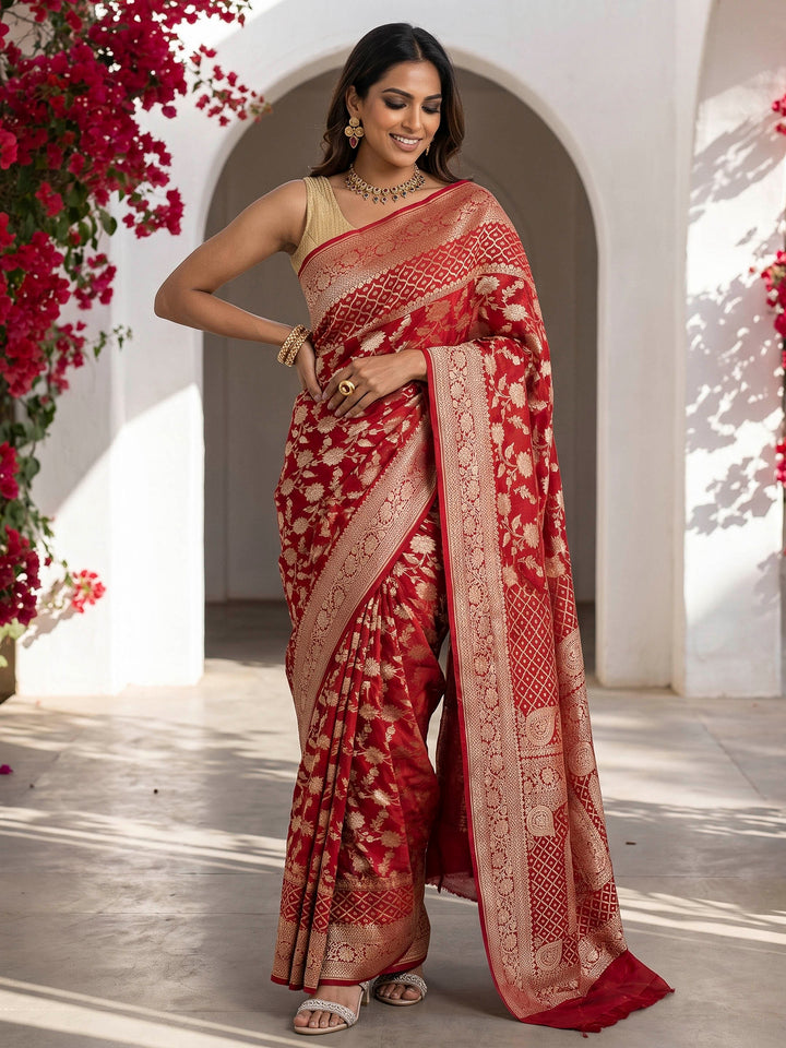 Red Cotton Blend Woven Saree