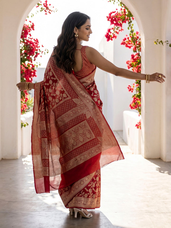 Red Cotton Blend Woven Saree