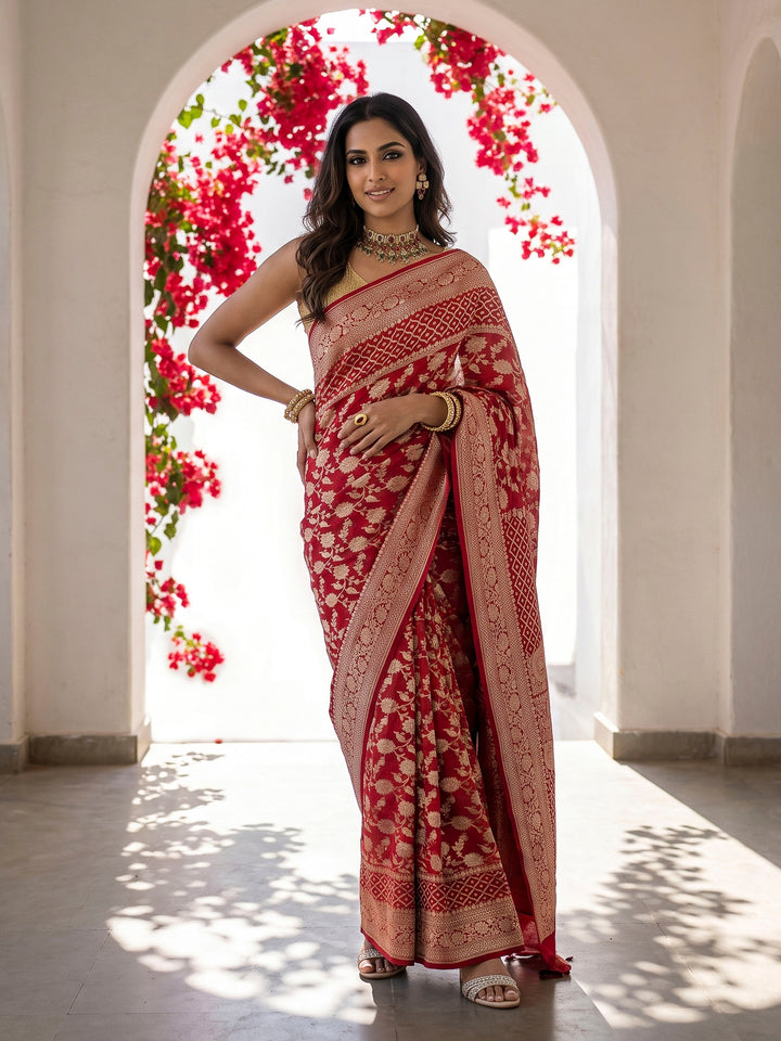 Red Cotton Blend Woven Saree