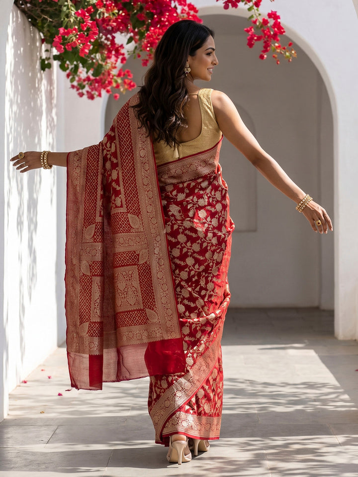 Red Cotton Blend Woven Saree