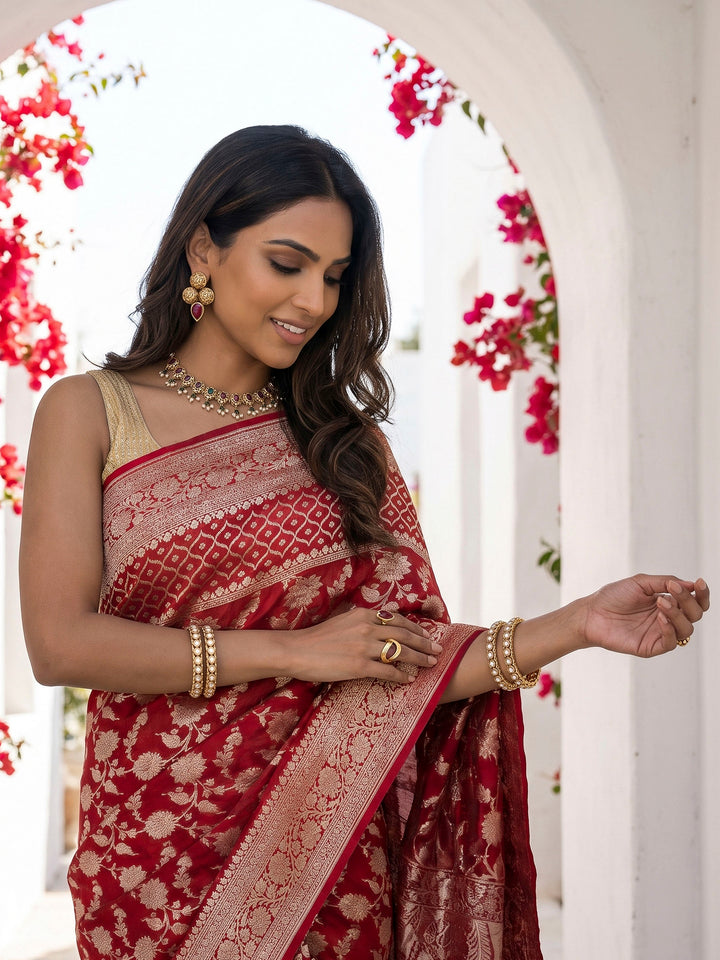 Red Cotton Blend Woven Saree