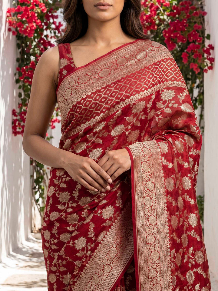 Red Cotton Blend Woven Saree