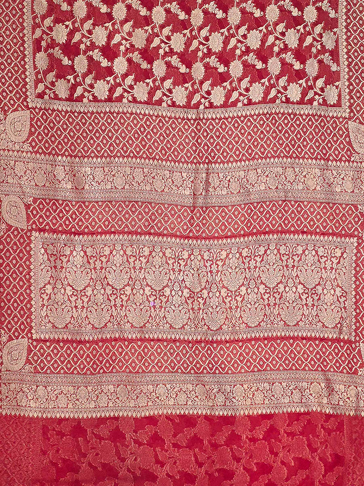 Red Cotton Blend Woven Saree