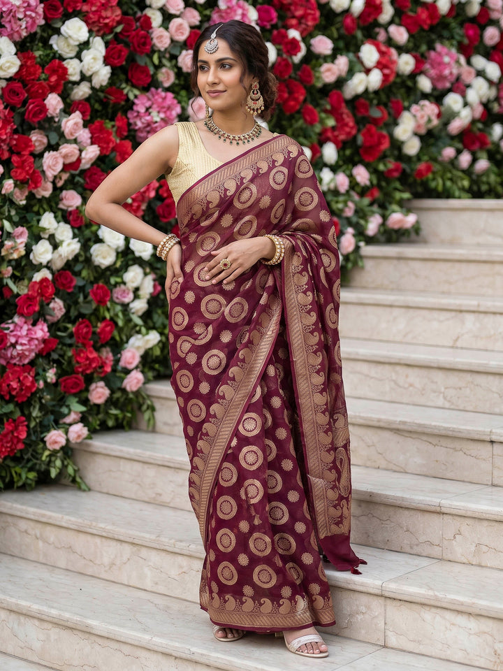 Maroon Chiffon Woven Saree