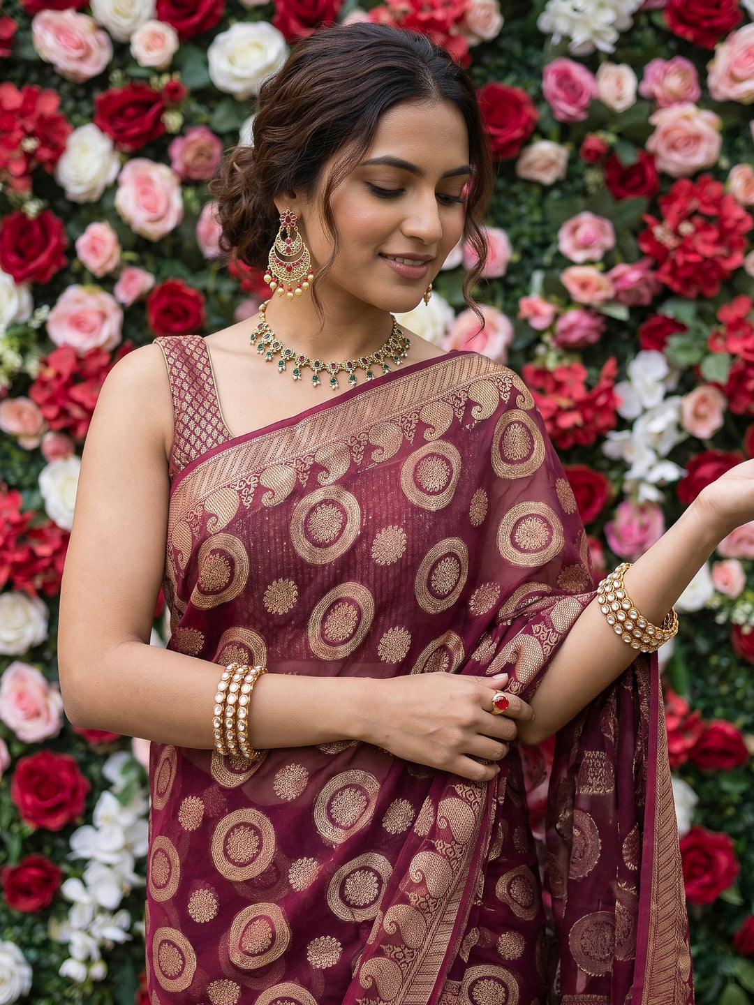 Maroon Chiffon Woven Saree