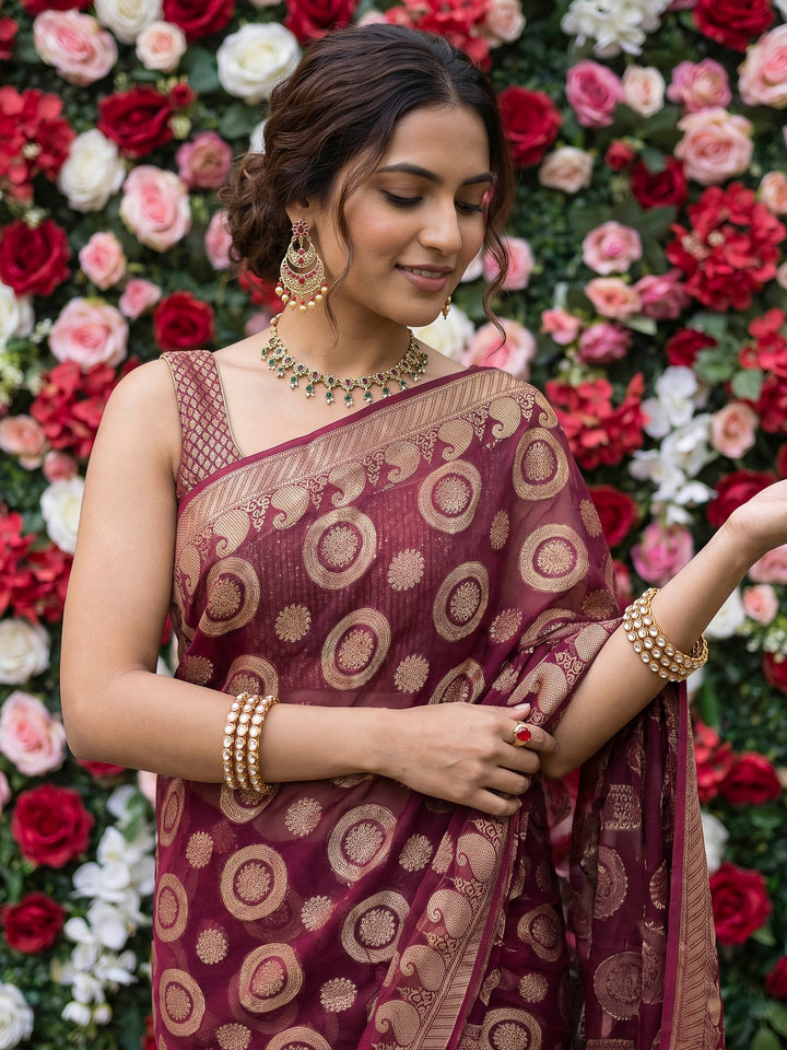 Maroon Chiffon Woven Saree