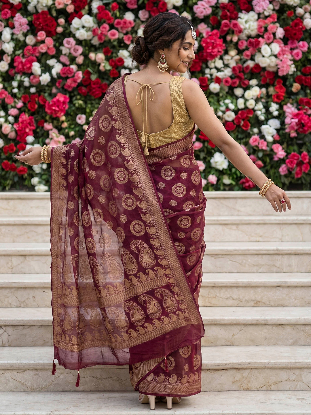 Maroon Chiffon Woven Saree