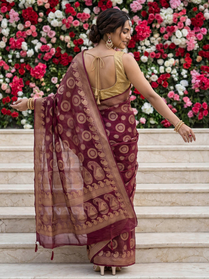 Maroon Chiffon Woven Saree