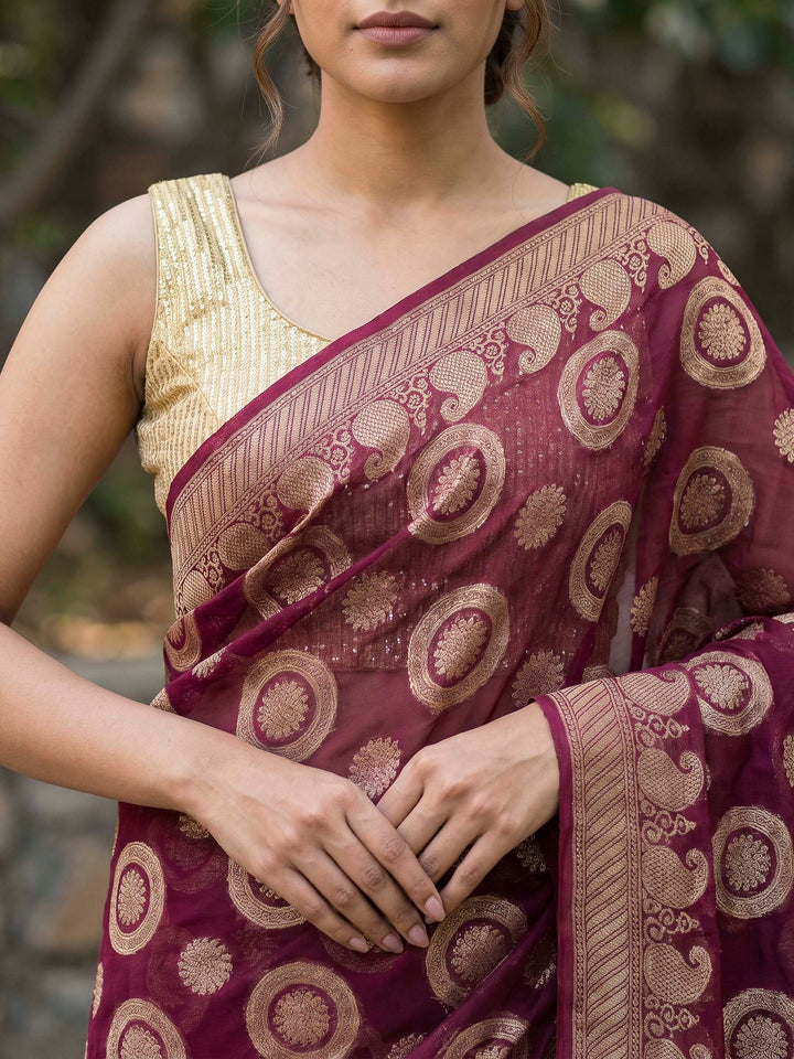 Maroon Chiffon Woven Saree
