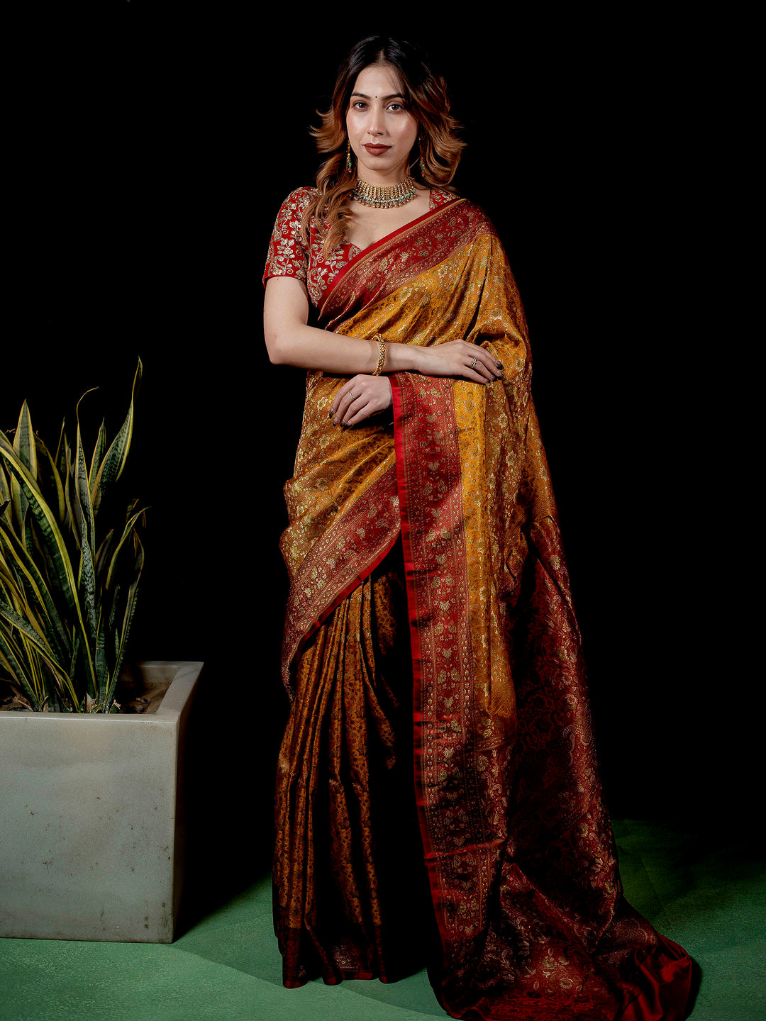 Mustard Woven Design Satin Saree