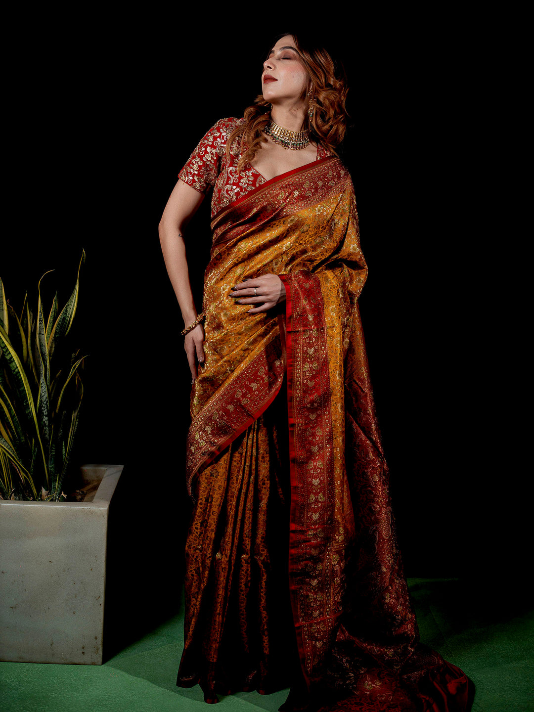 Mustard Woven Design Satin Saree