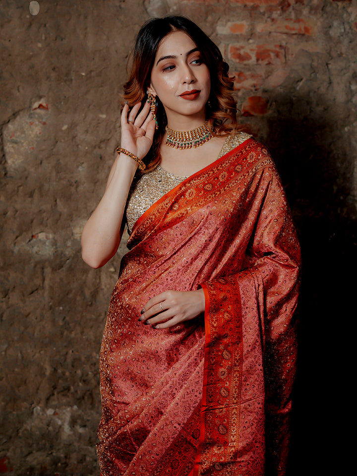 Pink Woven Design Satin Saree