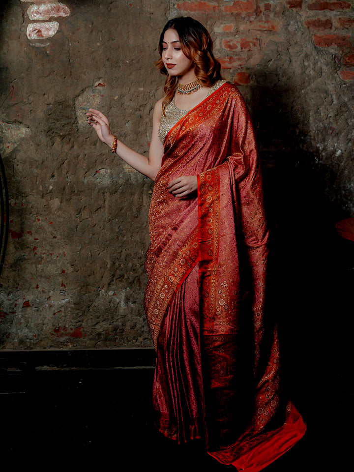 Pink Woven Design Satin Saree