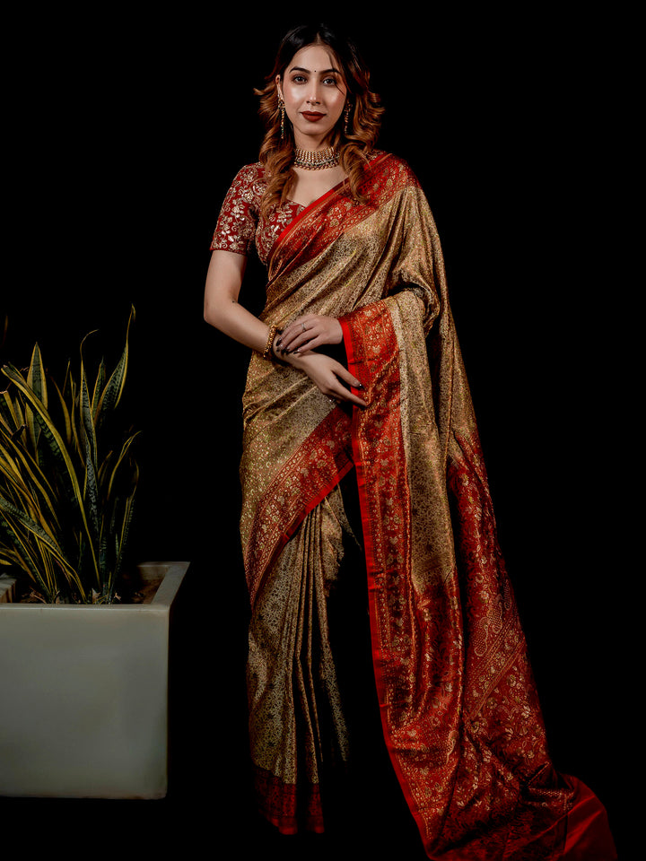 Beige Woven Design Satin Saree