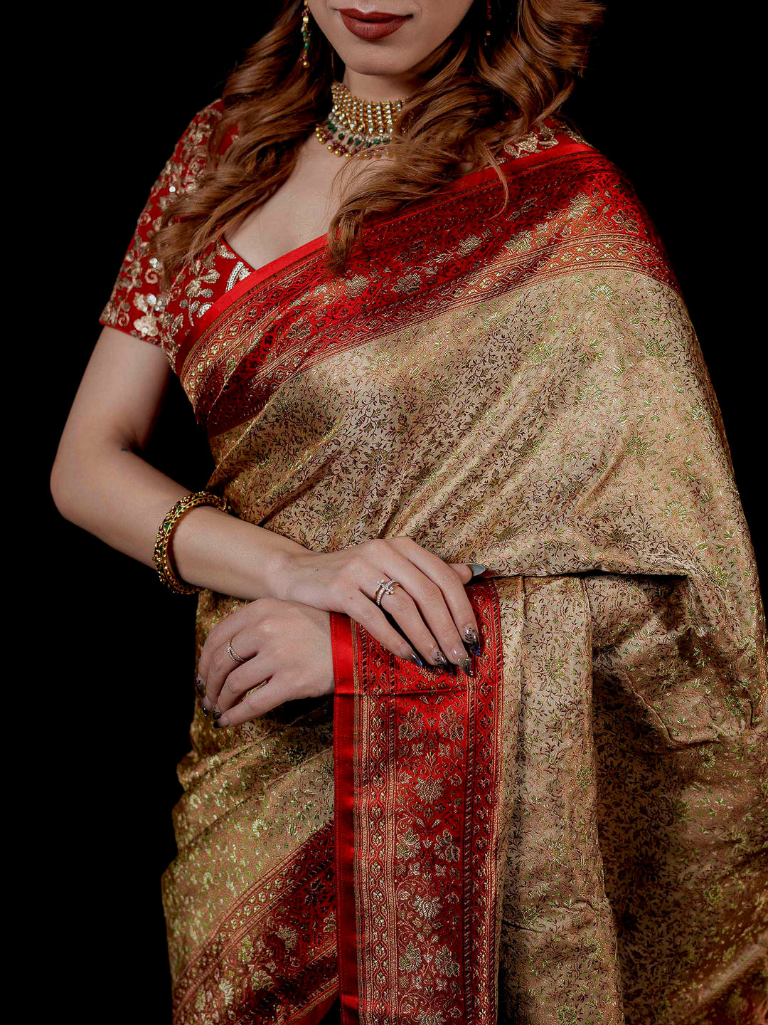 Beige Woven Design Satin Saree