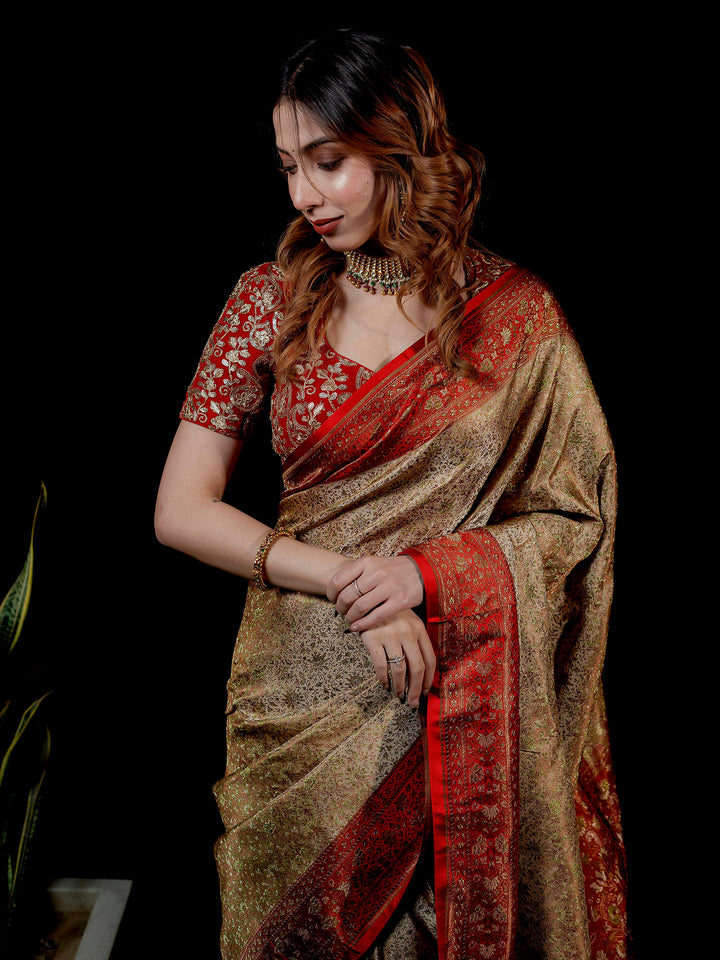 Beige Woven Design Satin Saree