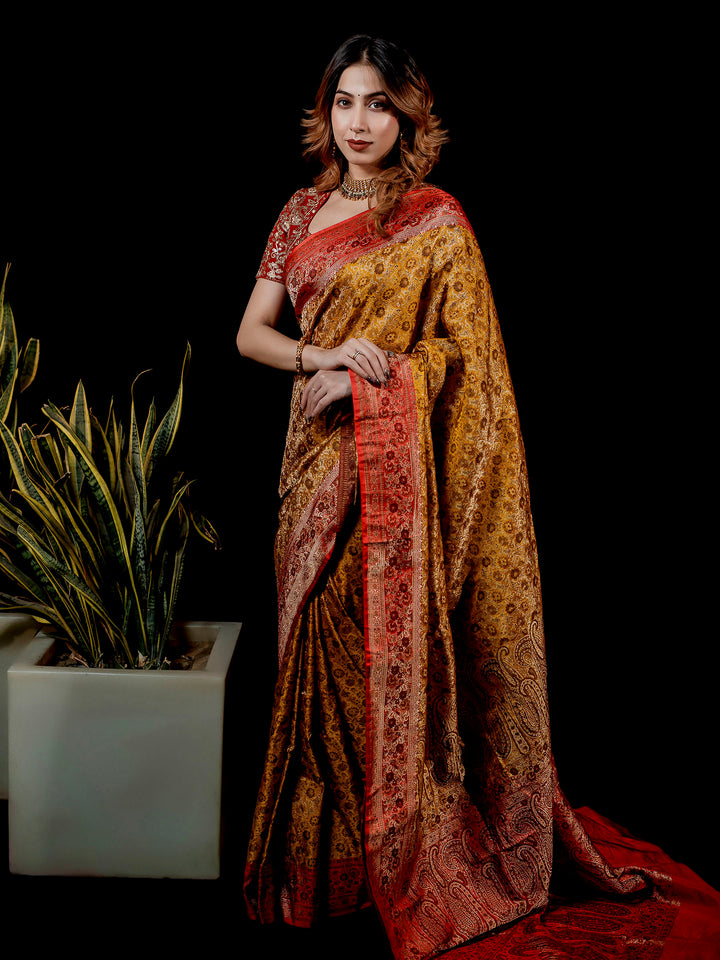 Lemon Woven Design Satin Saree