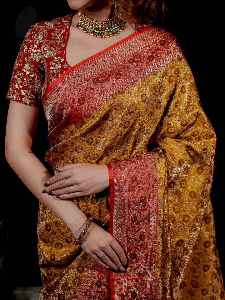 Lemon Woven Design Satin Saree