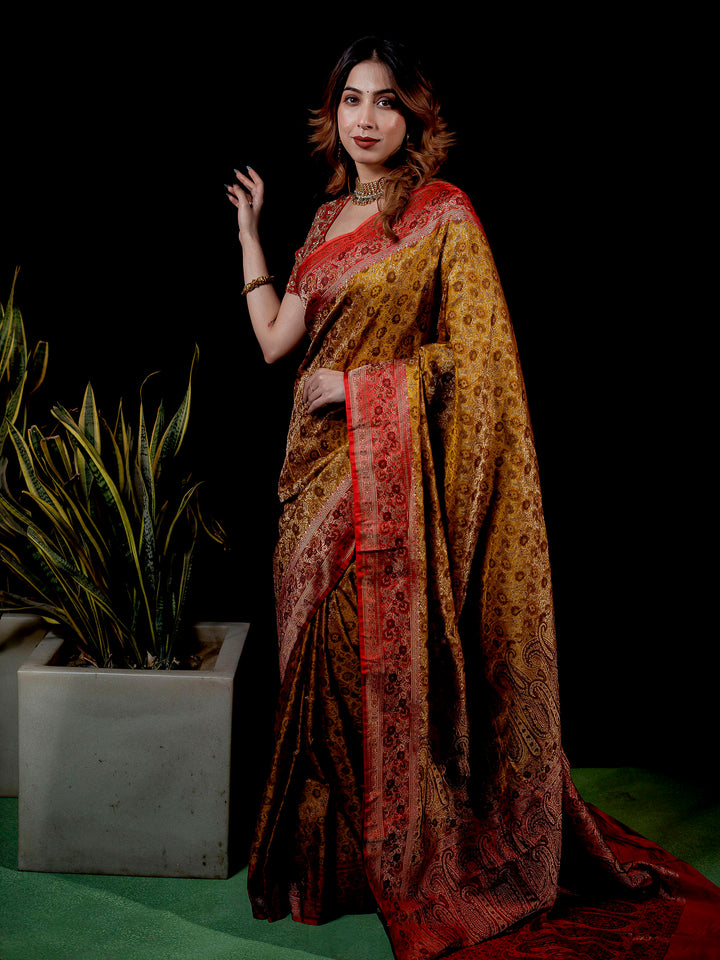 Lemon Woven Design Satin Saree
