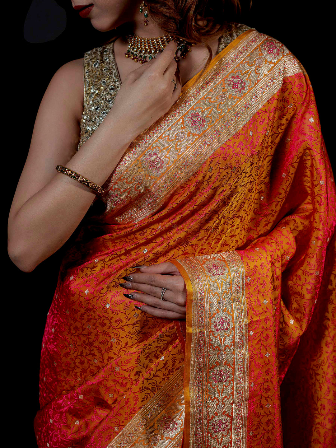Mustard Woven Design Satin Saree
