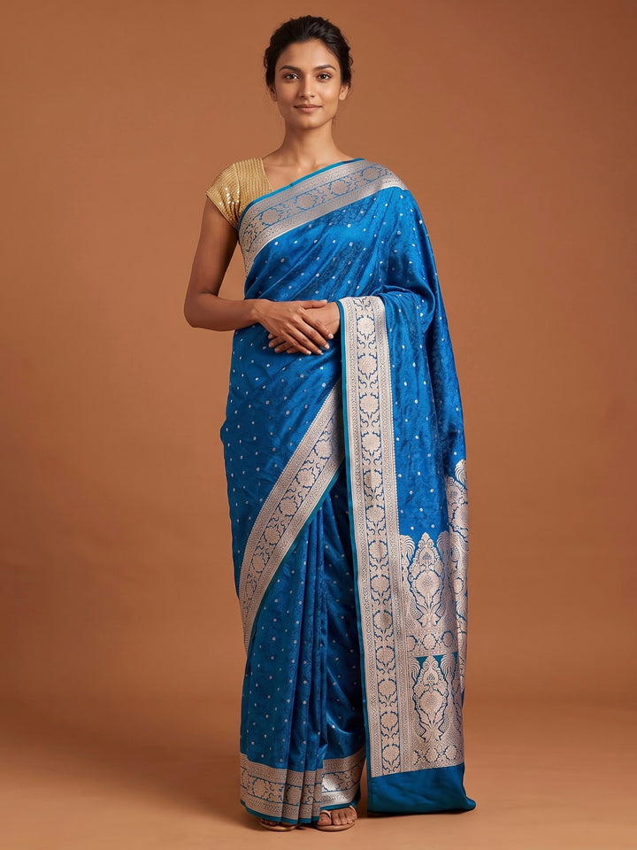 Peacock Blue Satin Woven Saree