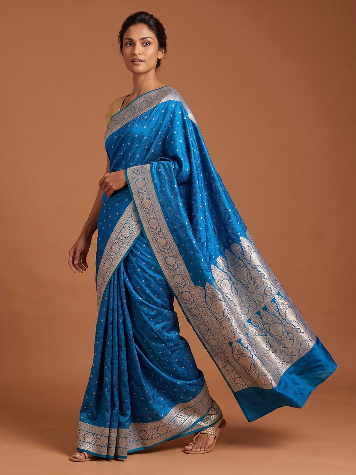 Peacock Blue Satin Woven Saree