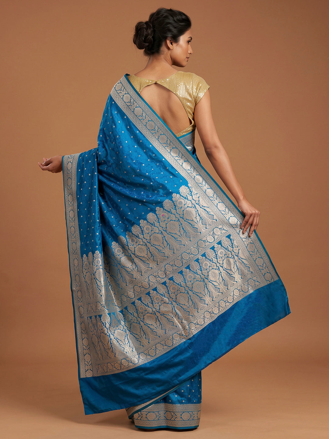 Peacock Blue Satin Woven Saree