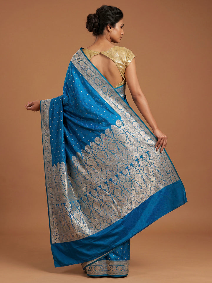 Peacock Blue Satin Woven Saree