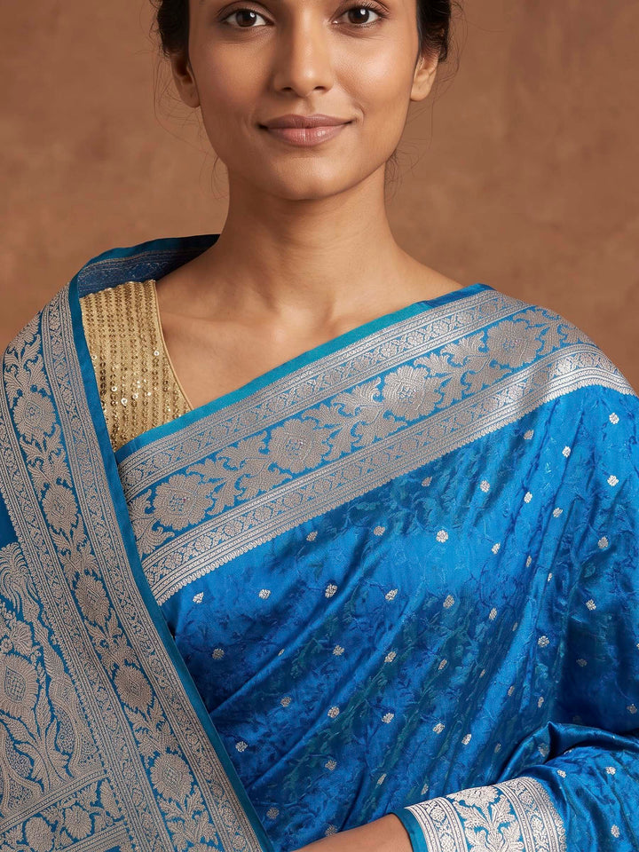 Peacock Blue Satin Woven Saree