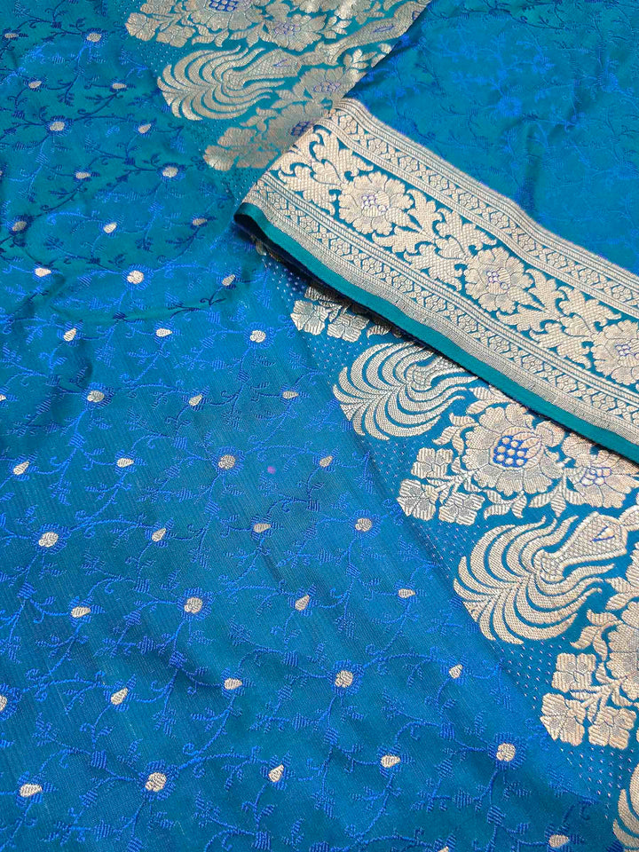 Peacock Blue Satin Woven Saree