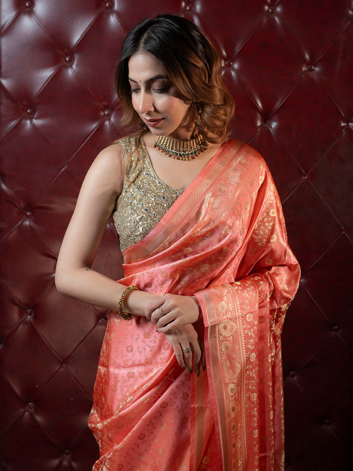 Peach Woven Design Satin Saree