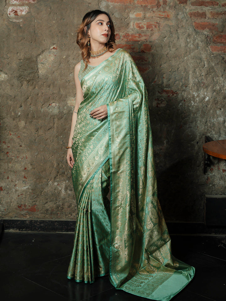 Pista Green Woven Design Satin Saree