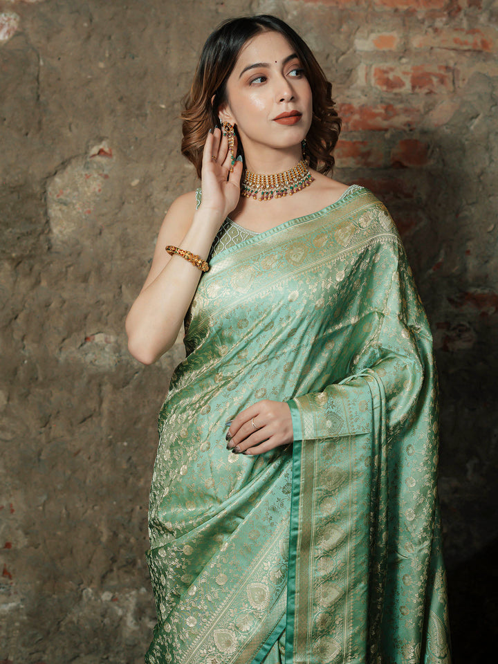 Pista Green Woven Design Satin Saree