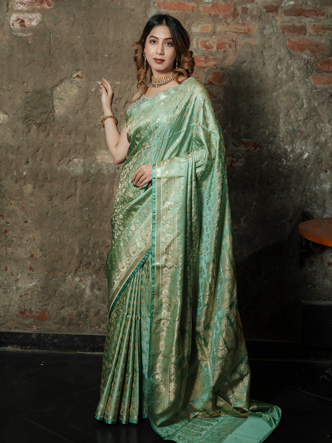 Pista Green Woven Design Satin Saree