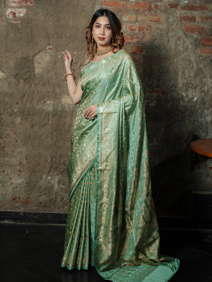 Pista Green Woven Design Satin Saree