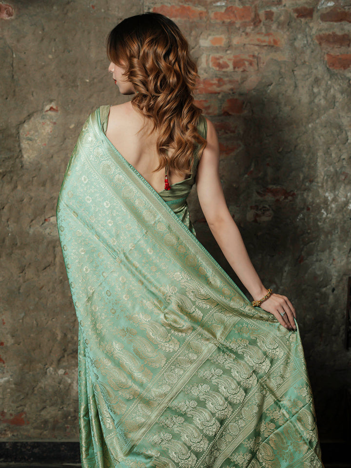 Pista Green Woven Design Satin Saree