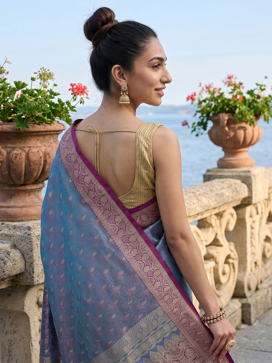 Sky Blue Woven Design Satin Saree