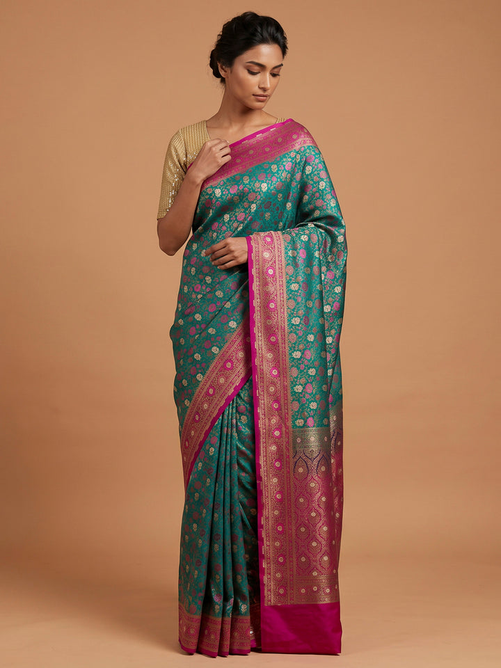 Green Satin Woven Saree