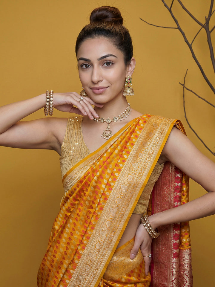 Mustard Woven Design Satin Saree