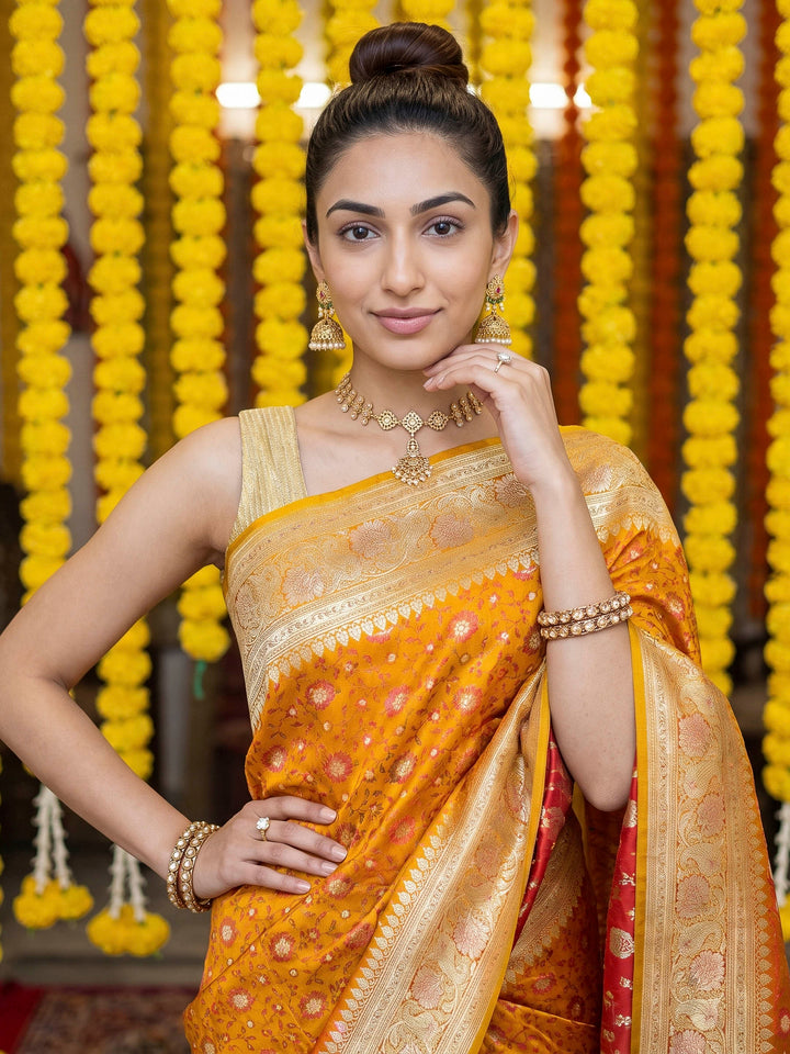 Mustard Woven Design Satin Saree