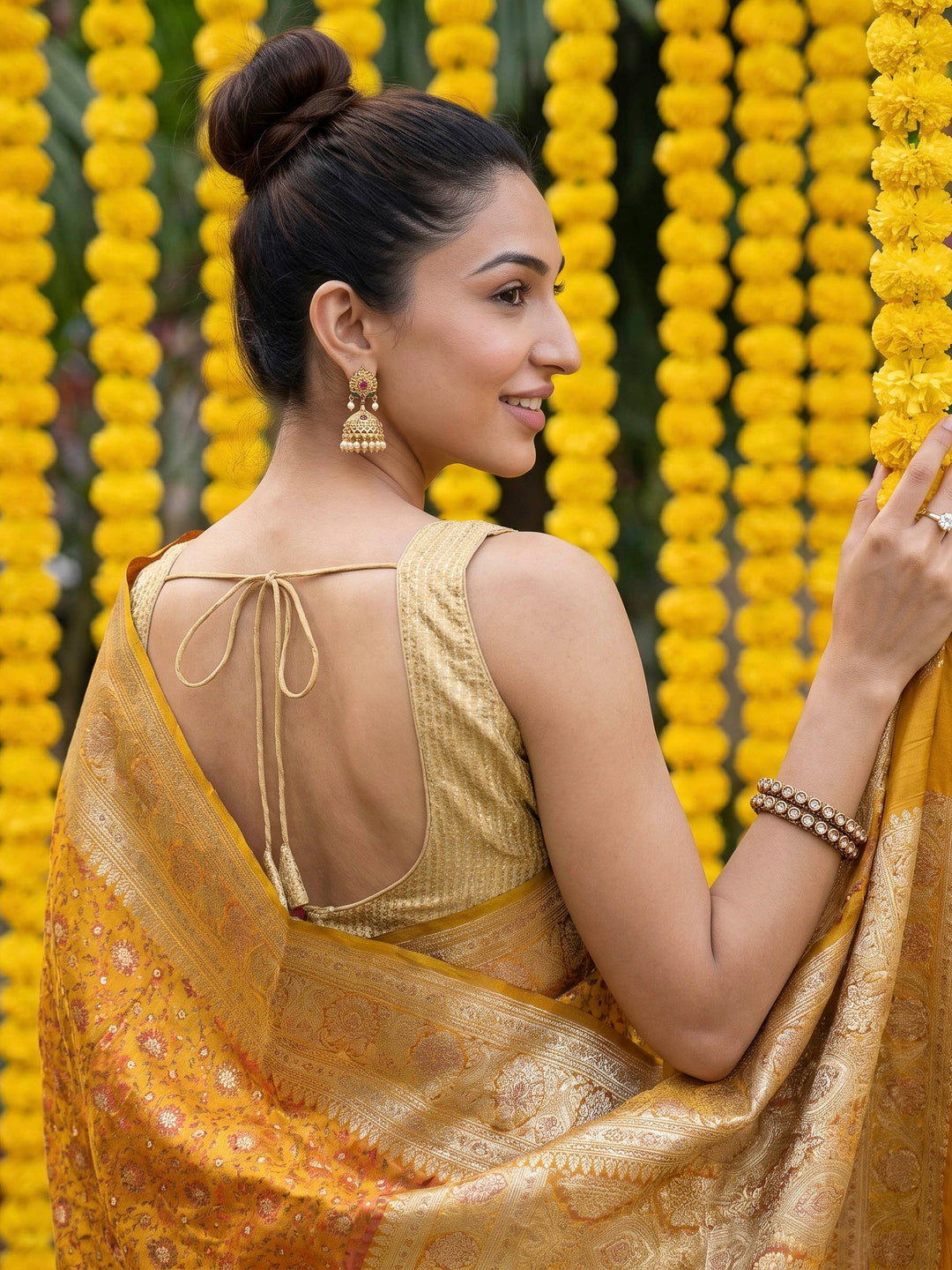Mustard Woven Design Satin Saree