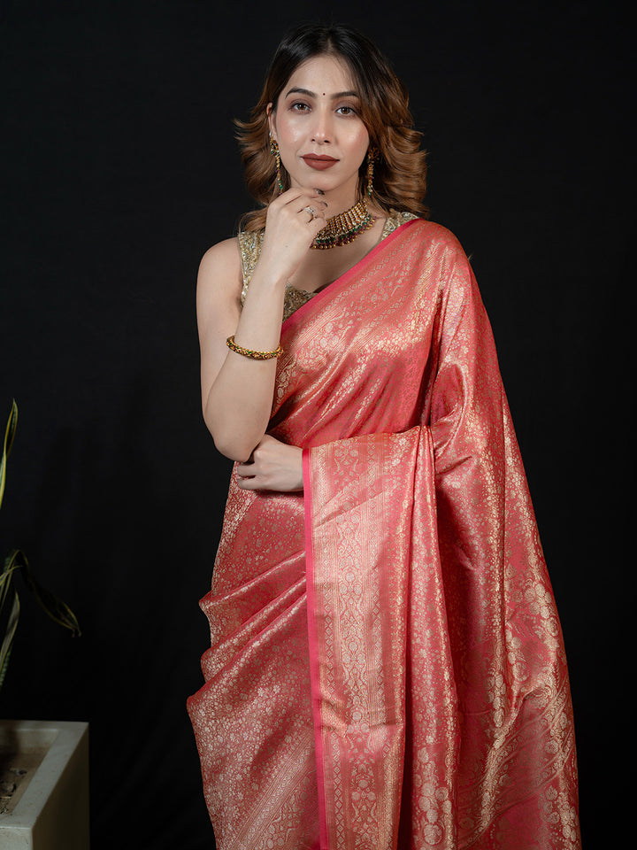 Pink Woven Design Satin Saree