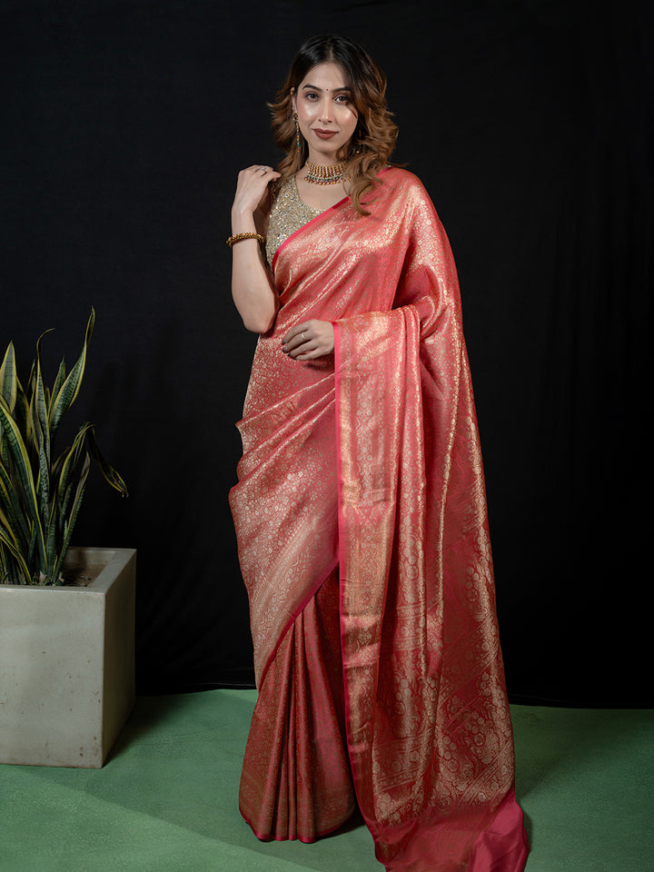 Pink Woven Design Satin Saree