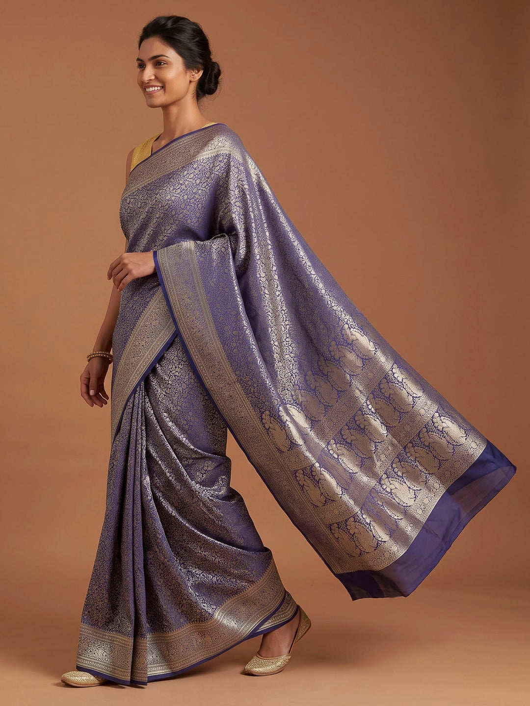 Navy Blue Satin Woven Saree